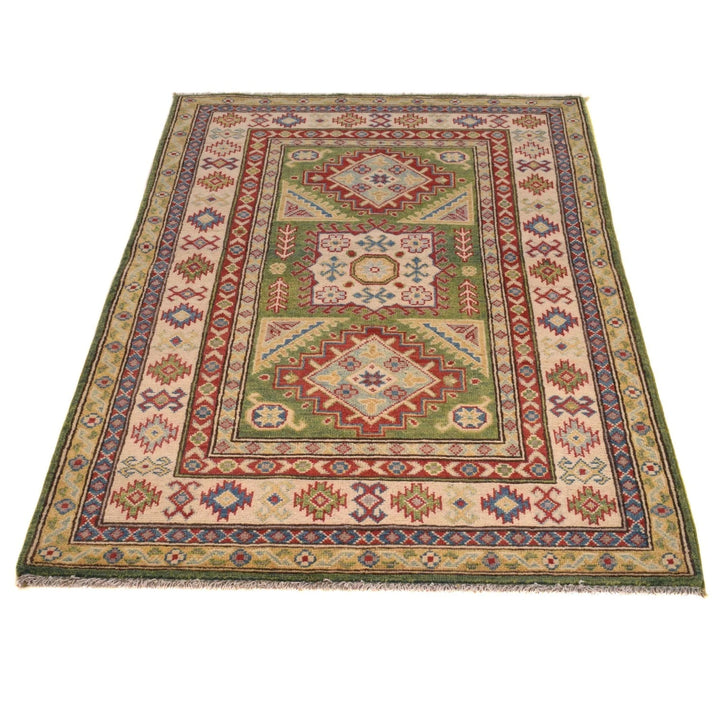 Green Afghan Kazak Rug 3' 5" x 5' 2" Hand-Knotted | No. AL26355