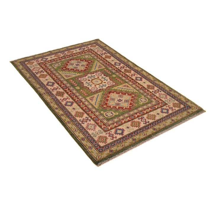 Green Afghan Kazak Rug 3' 5" x 5' 2" Hand-Knotted | No. AL26355