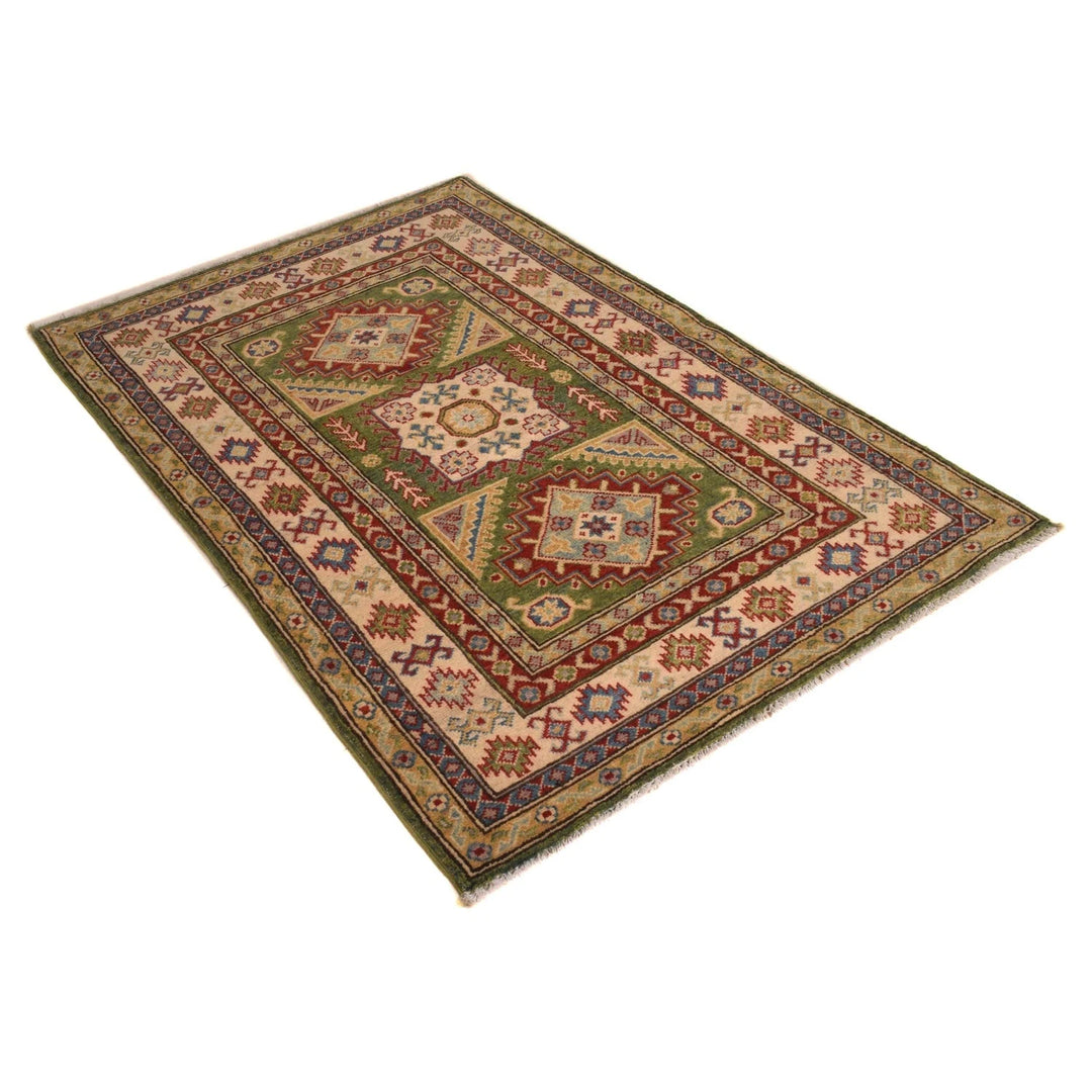 Green Afghan Kazak Rug 3' 5" x 5' 2" Hand-Knotted | No. AL26355