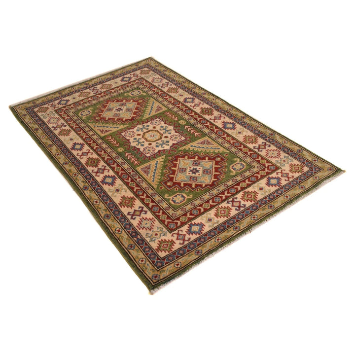 Green Afghan Kazak Rug 3' 5" x 5' 2" Hand-Knotted | No. AL26355