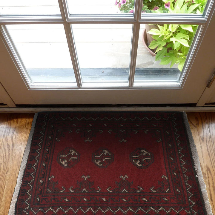 Red Afghan Oriental Doormat 1' 9" x 2' 3" Hand-Knotted | No. AL26393