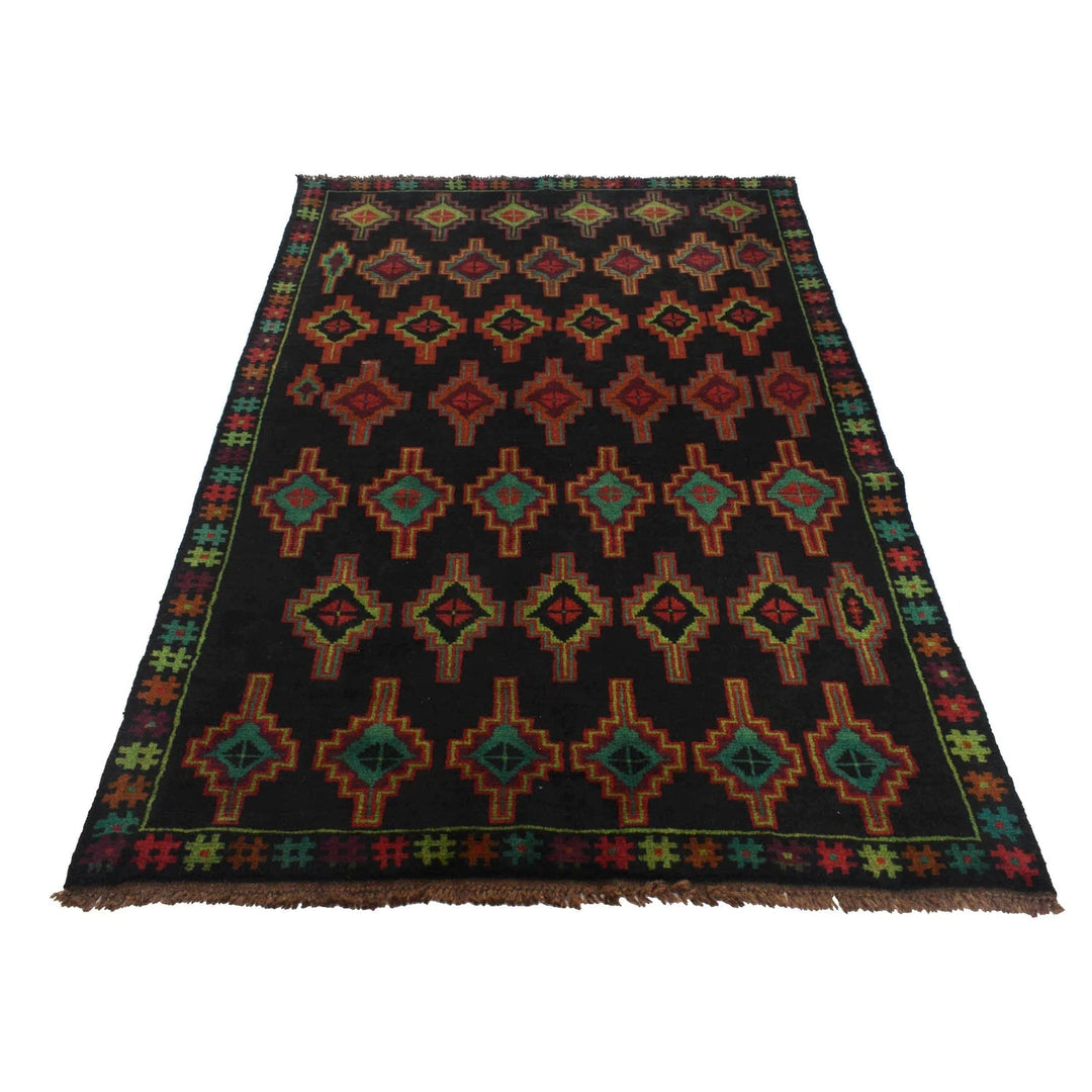Black Afghan Baluchi Rug 4' 3" x 6' 8" Hand-Knotted | No. AL26443