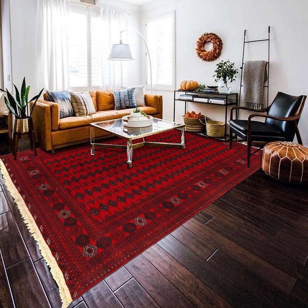 Red Afghan Bokhara Rug 7' 1" x 9' 5" Hand-Knotted | No. AL26469