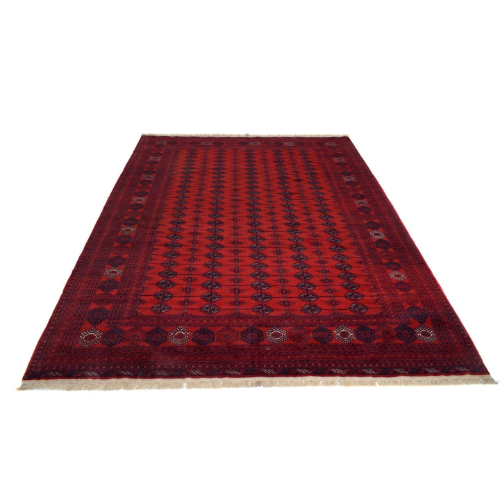 Red Afghan Bokhara Rug 7' 1" x 9' 5" Hand-Knotted | No. AL26469