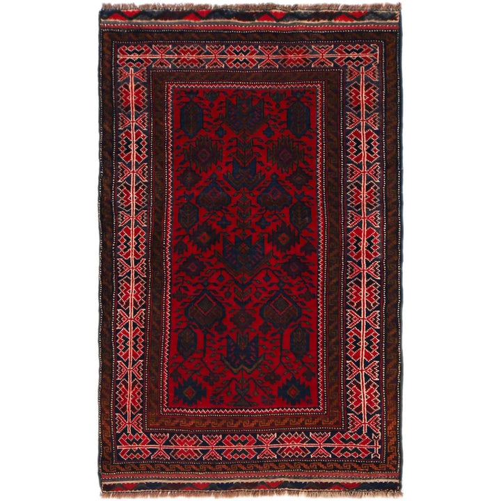 Red Afghan Baluchi Rug 2' 11" x 4' 6" Hand-Knotted | No. AL27033