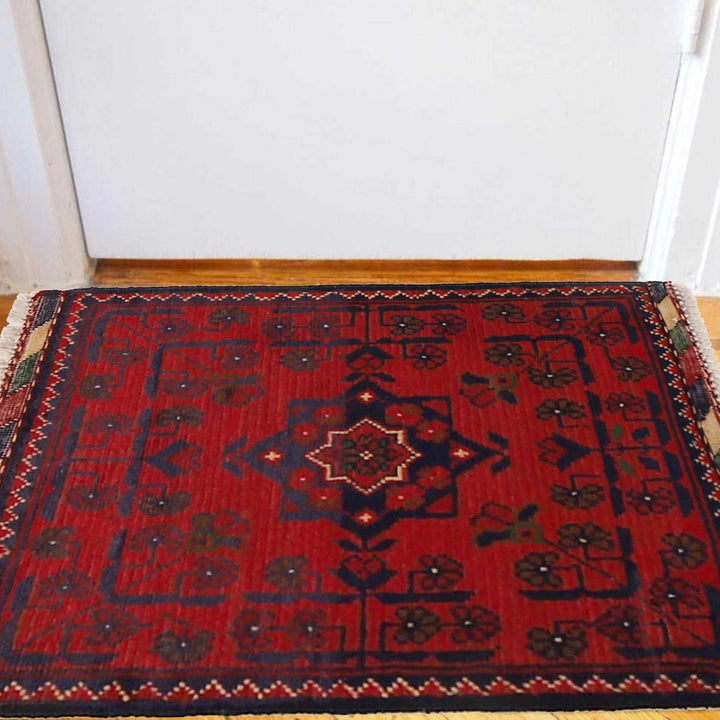 Red Afghan Oriental Doormat 1' 5" x 2' 2" Hand-Knotted | No. AL27044
