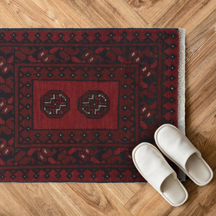 Red Afghan Oriental Rug 1' 8" x 2' 2" Hand-Knotted | No. AL27068
