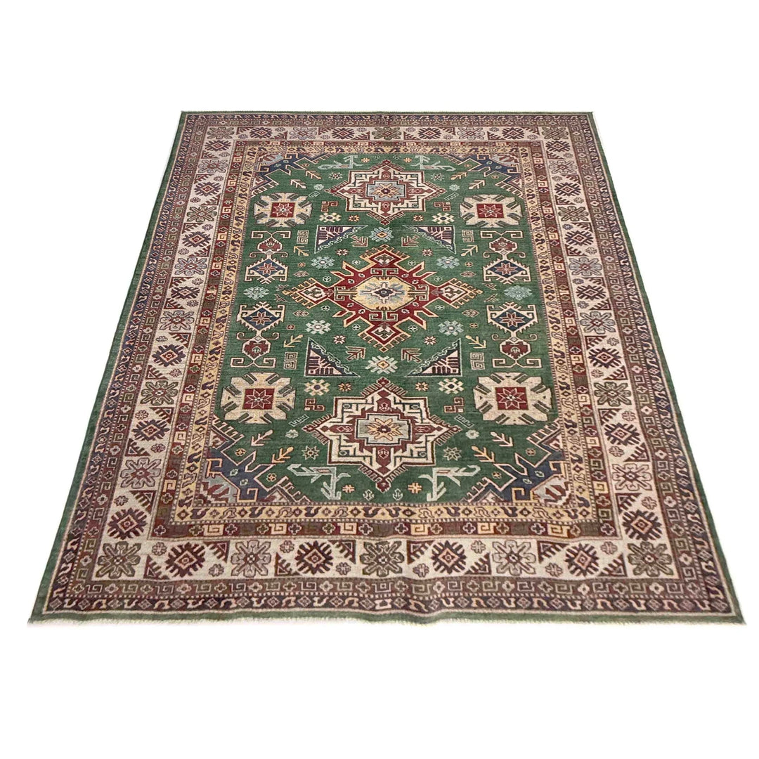 Green Afghan Kazak Rug 6' 6" x 9' 9" Hand-Knotted | No. AL27100