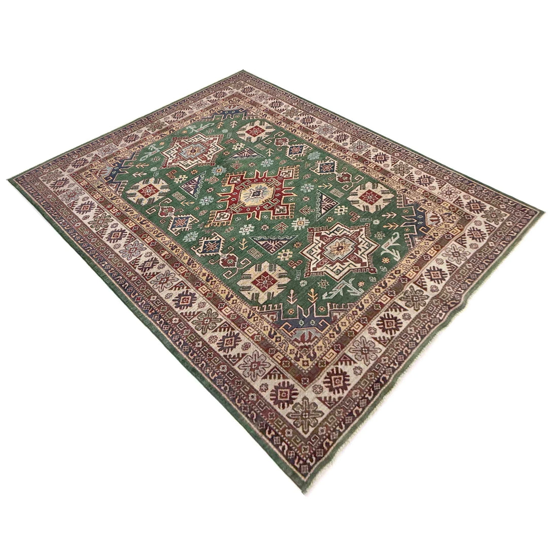 Green Afghan Kazak Rug 6' 6" x 9' 9" Hand-Knotted | No. AL27100