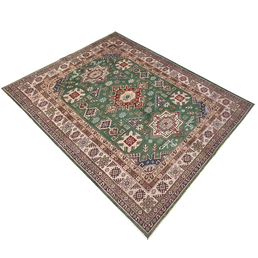 Green Afghan Kazak Rug 6' 6" x 9' 9" Hand-Knotted | No. AL27100