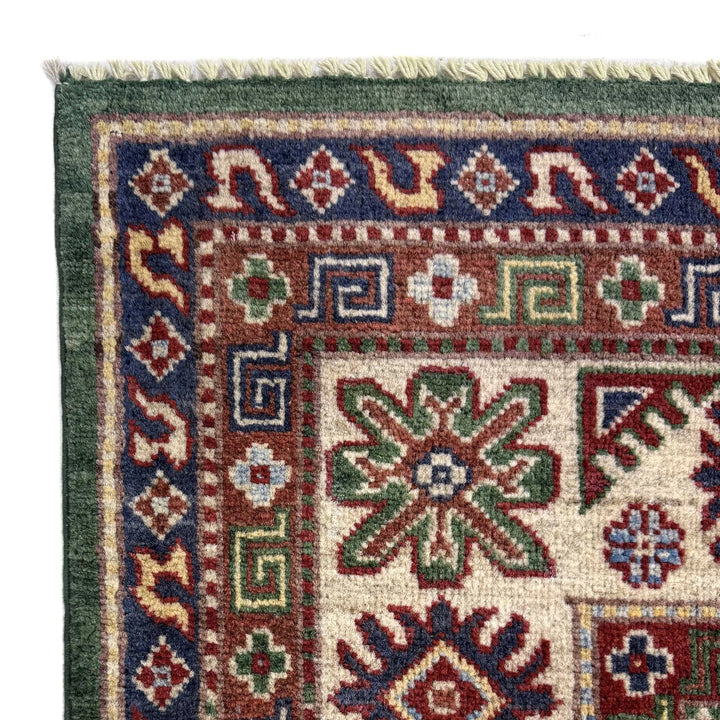 Green Afghan Kazak Rug 6' 6" x 9' 9" Hand-Knotted | No. AL27100
