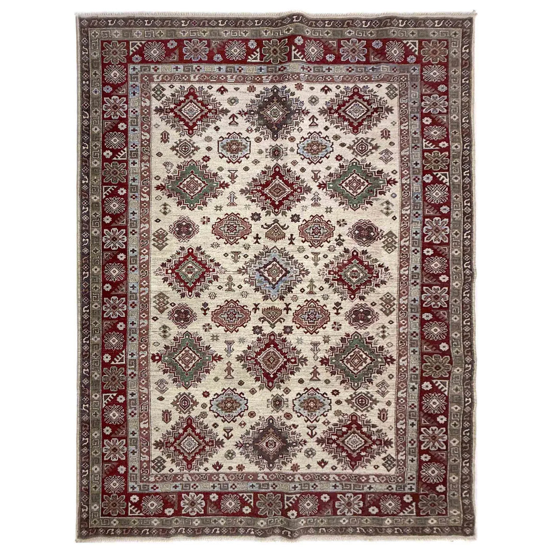 Beige Afghan Kazak Rug 6' 7" x 9' 5" Hand-Knotted | No. AL27330