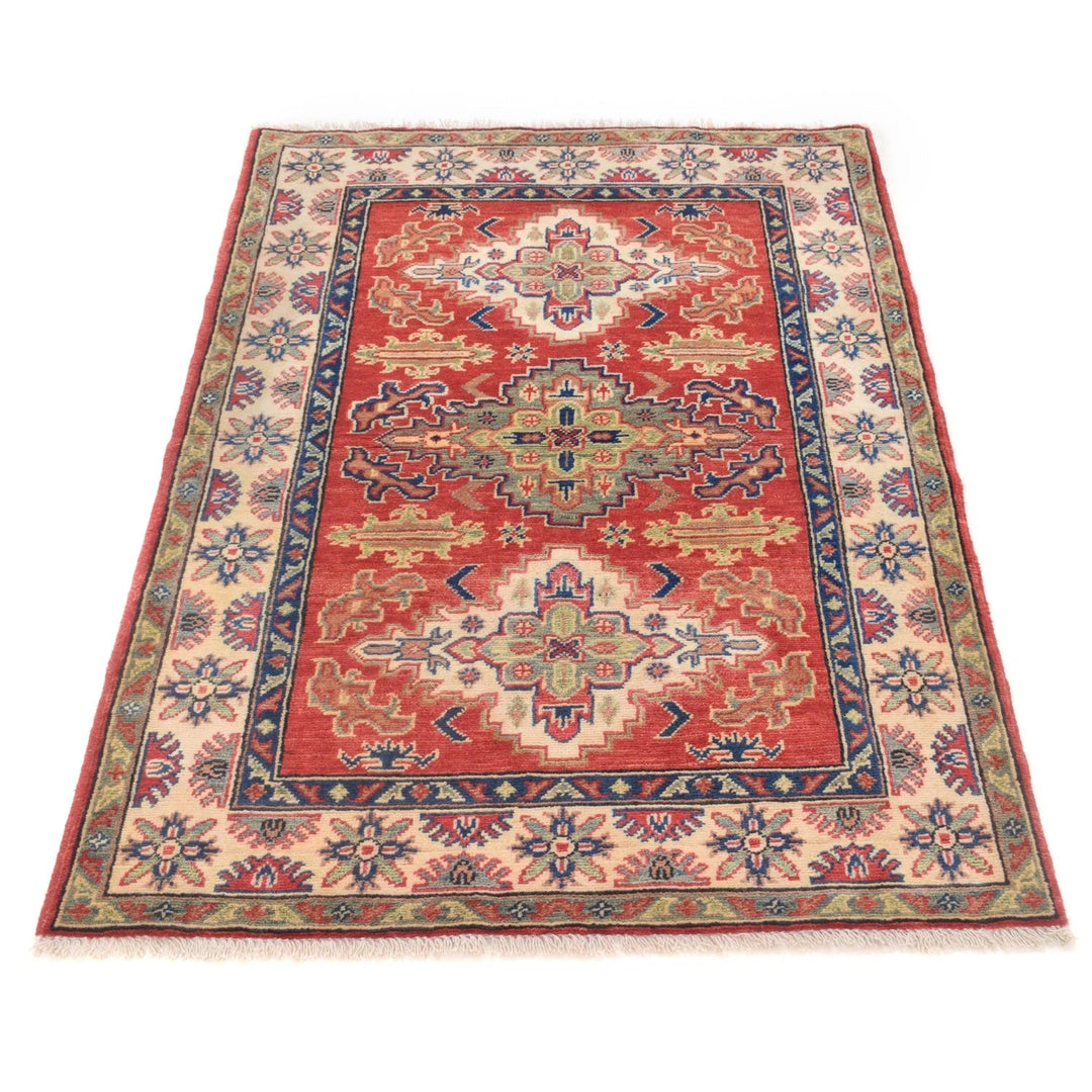Red Afghan Kazak Rug 3' 5" x 4' 10" Hand-Knotted | No. AL27387
