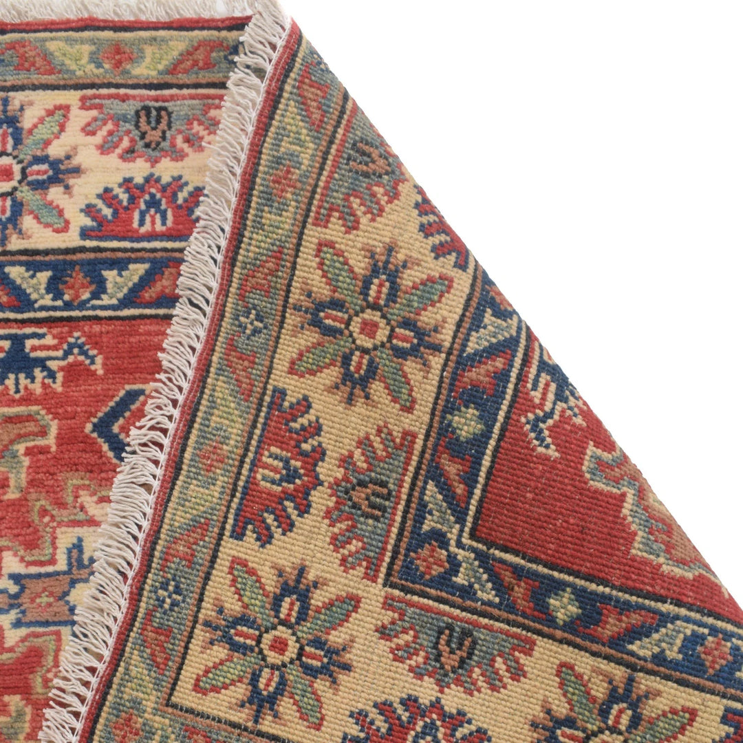 Red Afghan Kazak Rug 3' 5" x 4' 10" Hand-Knotted | No. AL27387