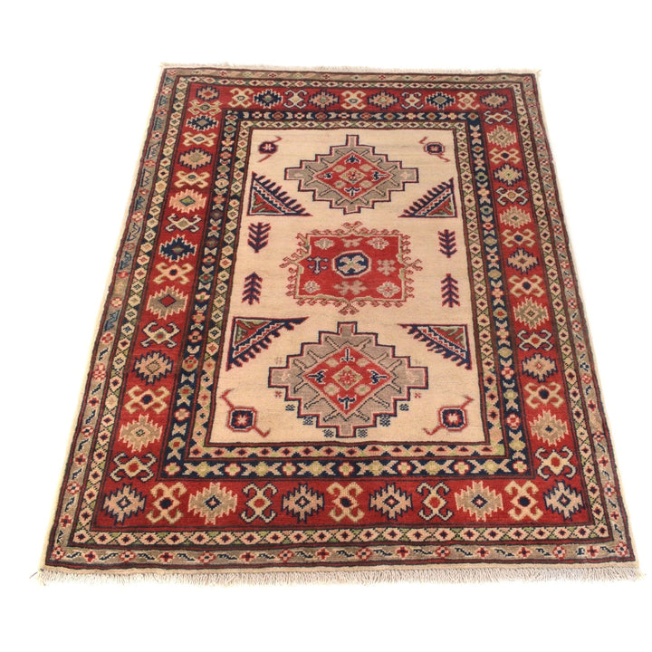 Ivory Afghan Kazak Rug 3' 3" x 4' 5" Hand-Knotted | No. AL27398