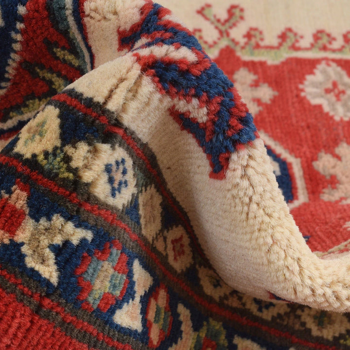 Ivory Afghan Kazak Rug 3' 3" x 4' 5" Hand-Knotted | No. AL27398