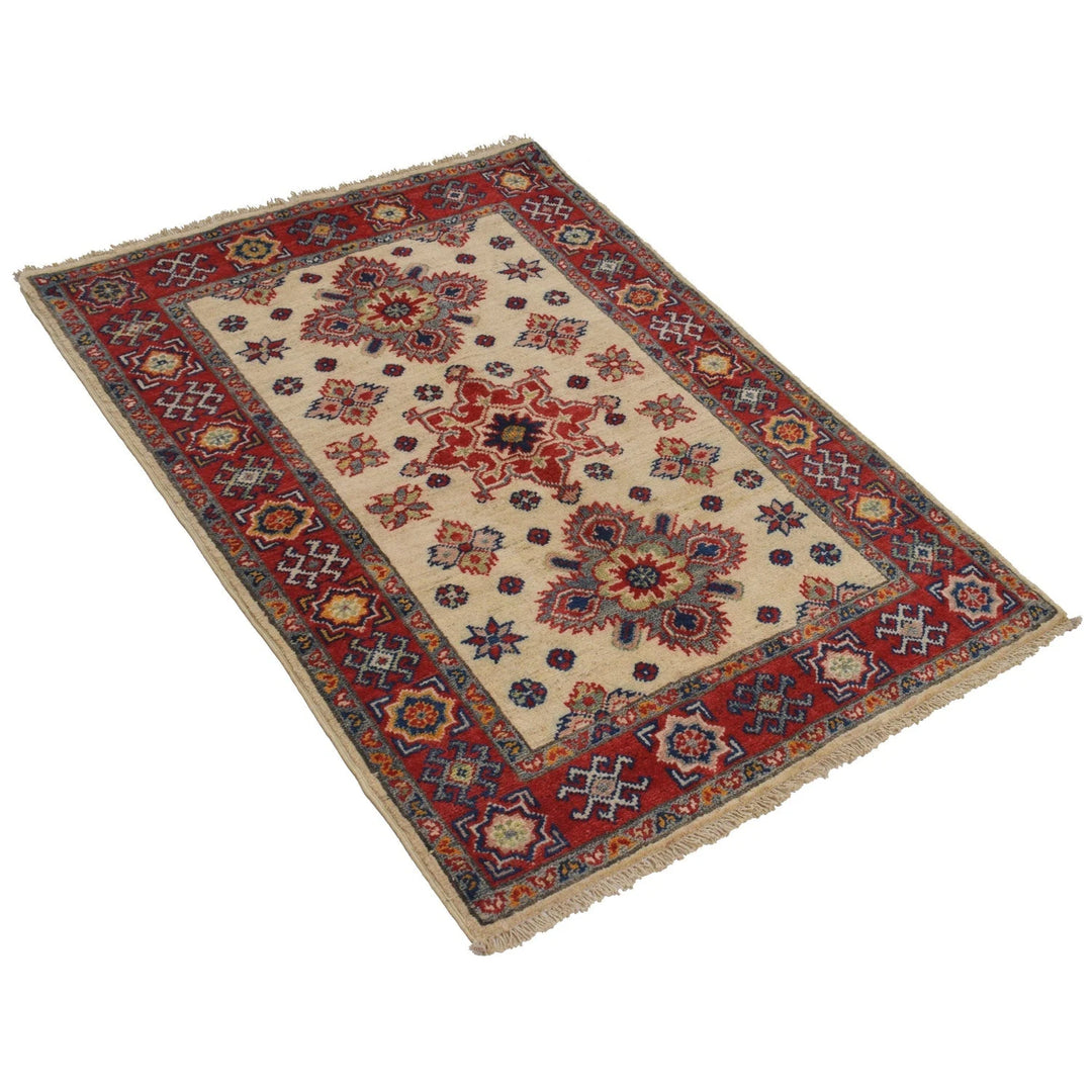 Ivory Afghan Kazak Rug 2' 9" x 3' 11" Hand-Knotted | No. AL27527