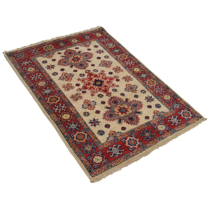 Ivory Afghan Kazak Rug 2' 9" x 3' 11" Hand-Knotted | No. AL27527