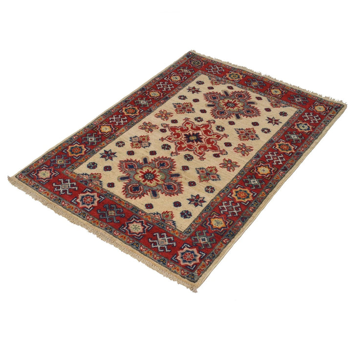 Ivory Afghan Kazak Rug 2' 9" x 3' 11" Hand-Knotted | No. AL27527