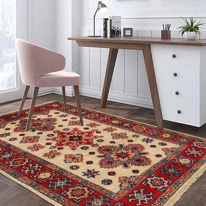 Ivory Afghan Kazak Rug 2' 9" x 3' 11" Hand-Knotted | No. AL27527