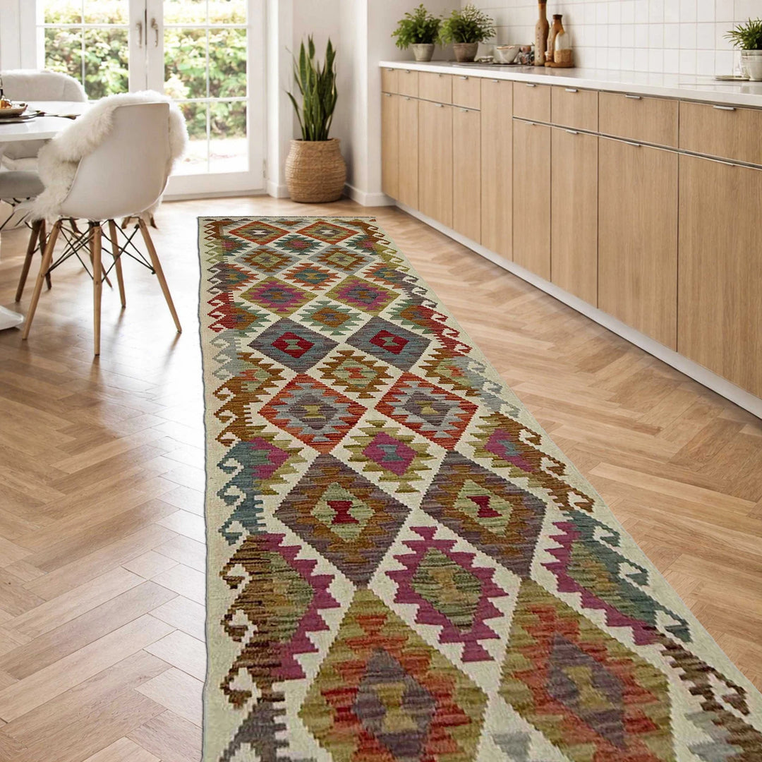 Afghan Vegetable Kilim Rug 2'6" x 9'10" Flat-Weave | No. AL275638