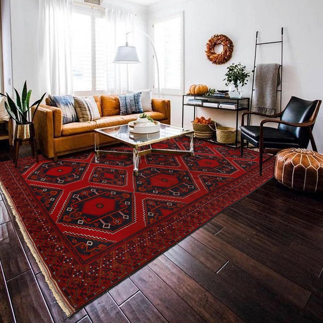 Deep Red Afghan Baluchi Rug 7' 1" x 10' 4" Hand-Knotted | No. AL27598