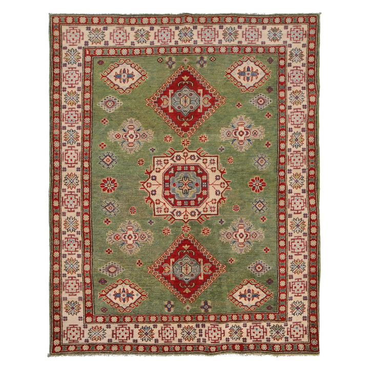 Green Afghan Kazak Rug 4' 11" x 6' 7" Hand-Knotted | No. AL27754