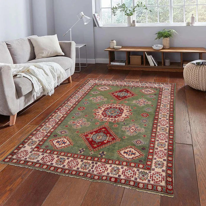 Green Afghan Kazak Rug 4' 11" x 6' 7" Hand-Knotted | No. AL27754