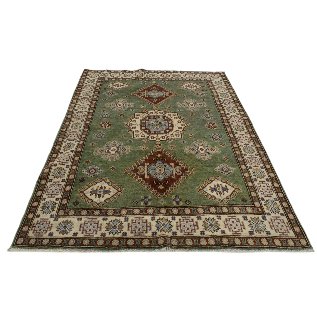 Green Afghan Kazak Rug 4' 11" x 6' 7" Hand-Knotted | No. AL27754