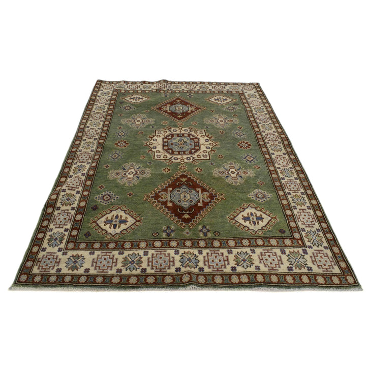 Green Afghan Kazak Rug 4' 11" x 6' 7" Hand-Knotted | No. AL27754
