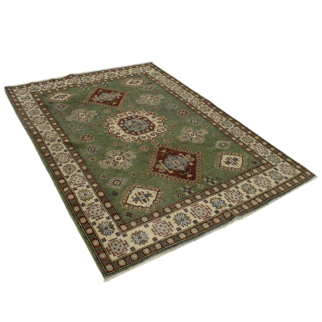 Green Afghan Kazak Rug 4' 11" x 6' 7" Hand-Knotted | No. AL27754