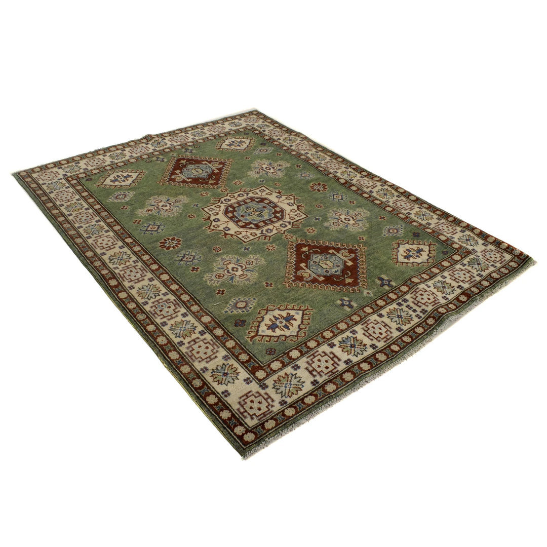 Green Afghan Kazak Rug 4' 11" x 6' 7" Hand-Knotted | No. AL27754