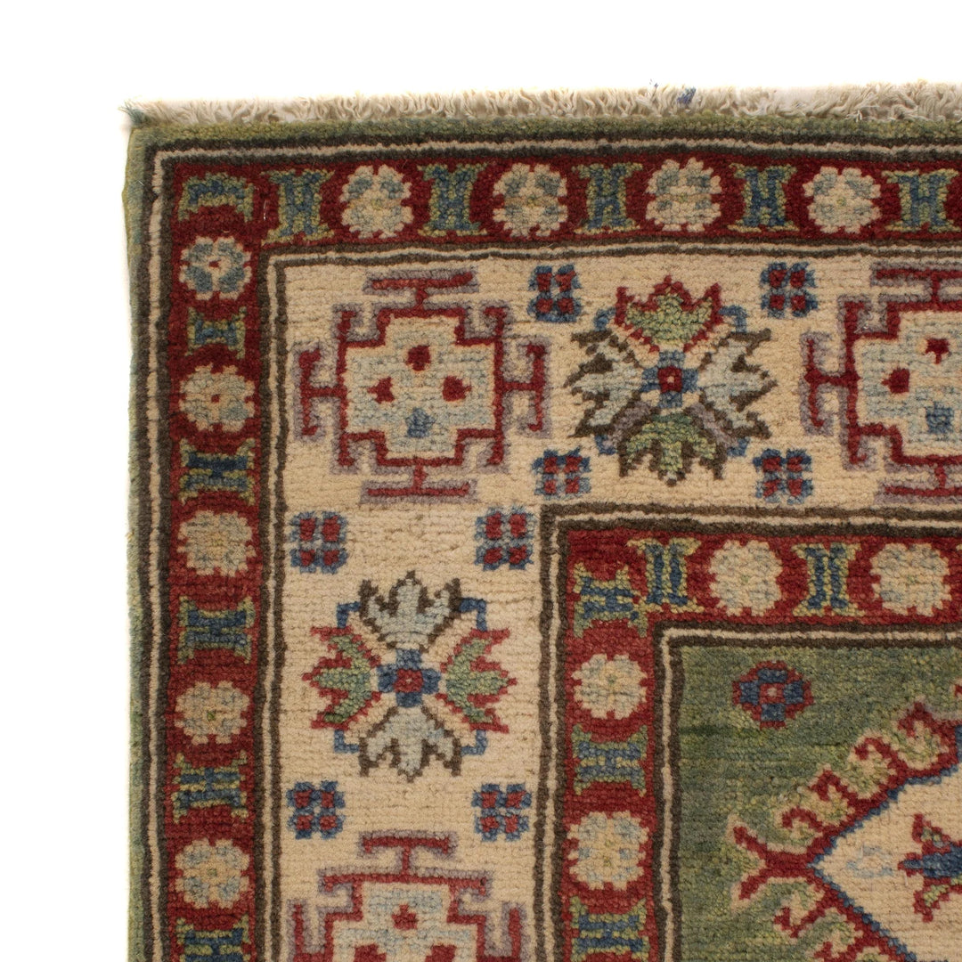 Green Afghan Kazak Rug 4' 11" x 6' 7" Hand-Knotted | No. AL27754