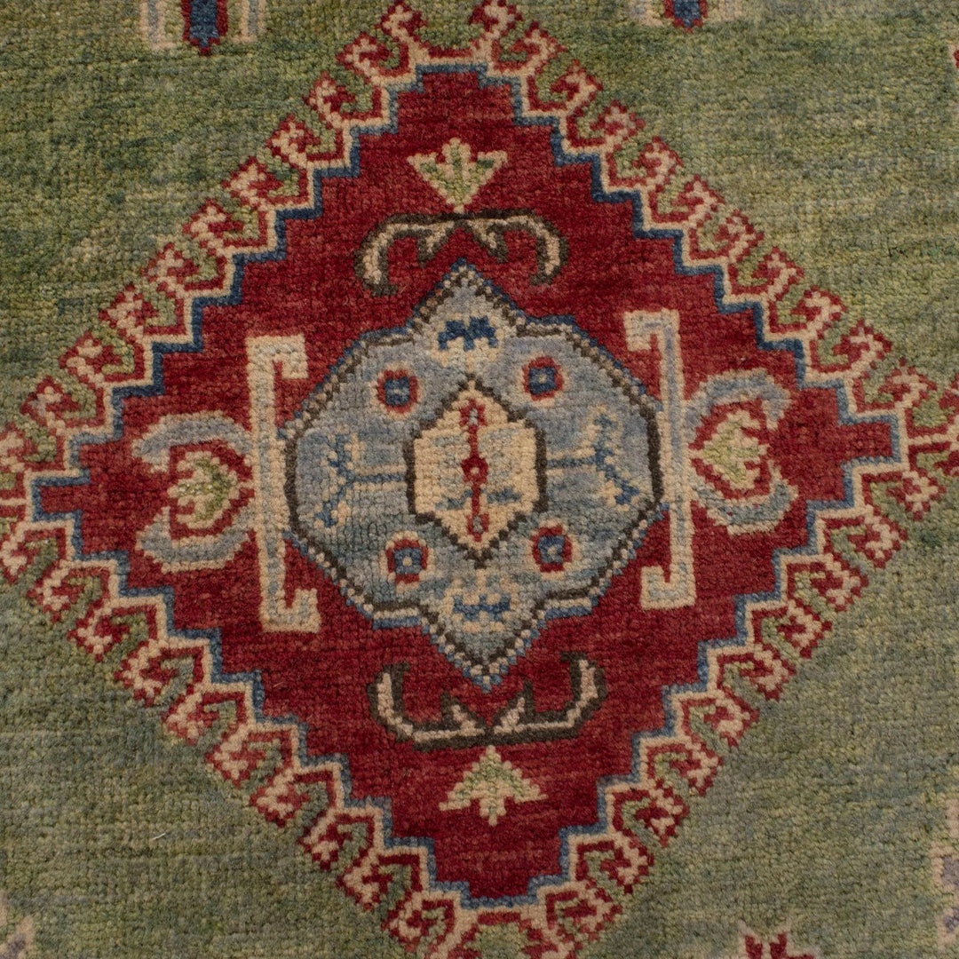 Green Afghan Kazak Rug 4' 11" x 6' 7" Hand-Knotted | No. AL27754