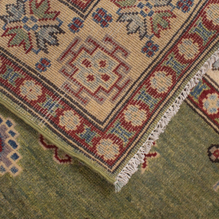 Green Afghan Kazak Rug 4' 11" x 6' 7" Hand-Knotted | No. AL27754