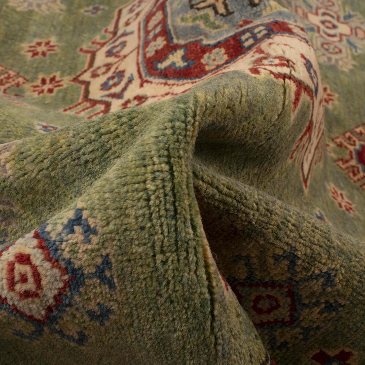 Green Afghan Kazak Rug 4' 11" x 6' 7" Hand-Knotted | No. AL27754
