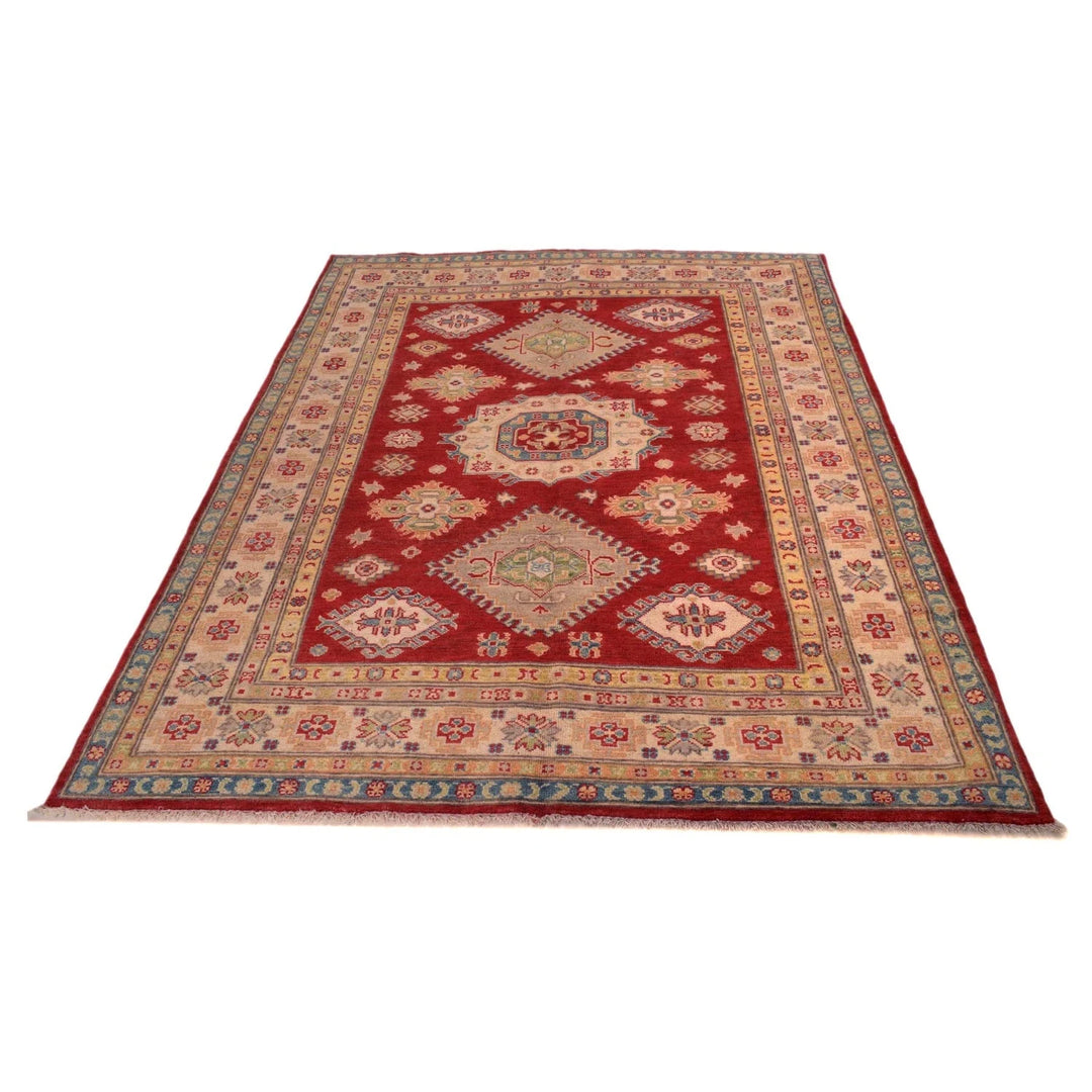 Red Afghan Kazak Rug 4' 11" x 6' 10" Hand-Knotted | No. AL27766