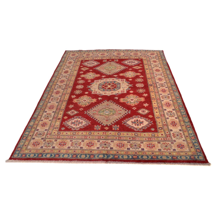 Red Afghan Kazak Rug 4' 11" x 6' 10" Hand-Knotted | No. AL27766