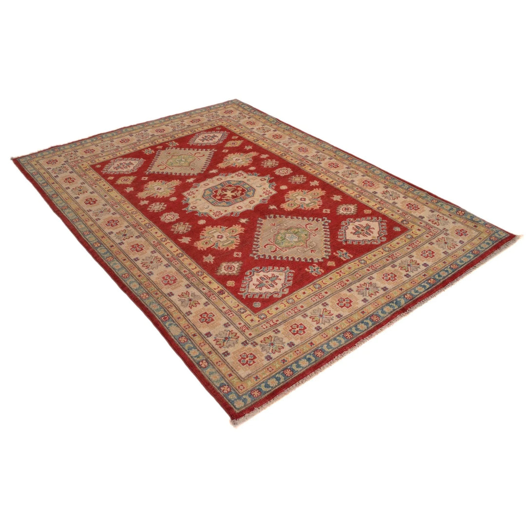 Red Afghan Kazak Rug 4' 11" x 6' 10" Hand-Knotted | No. AL27766