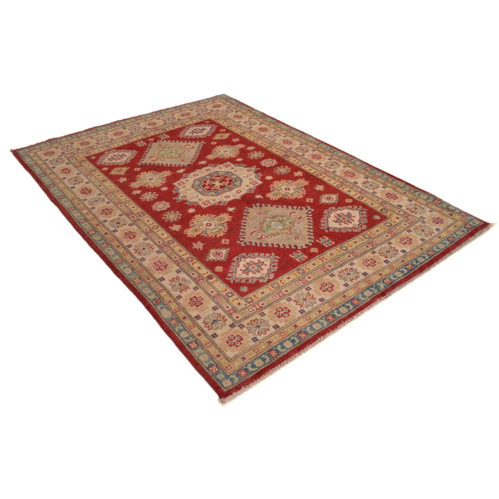 Red Afghan Kazak Rug 4' 11" x 6' 10" Hand-Knotted | No. AL27766