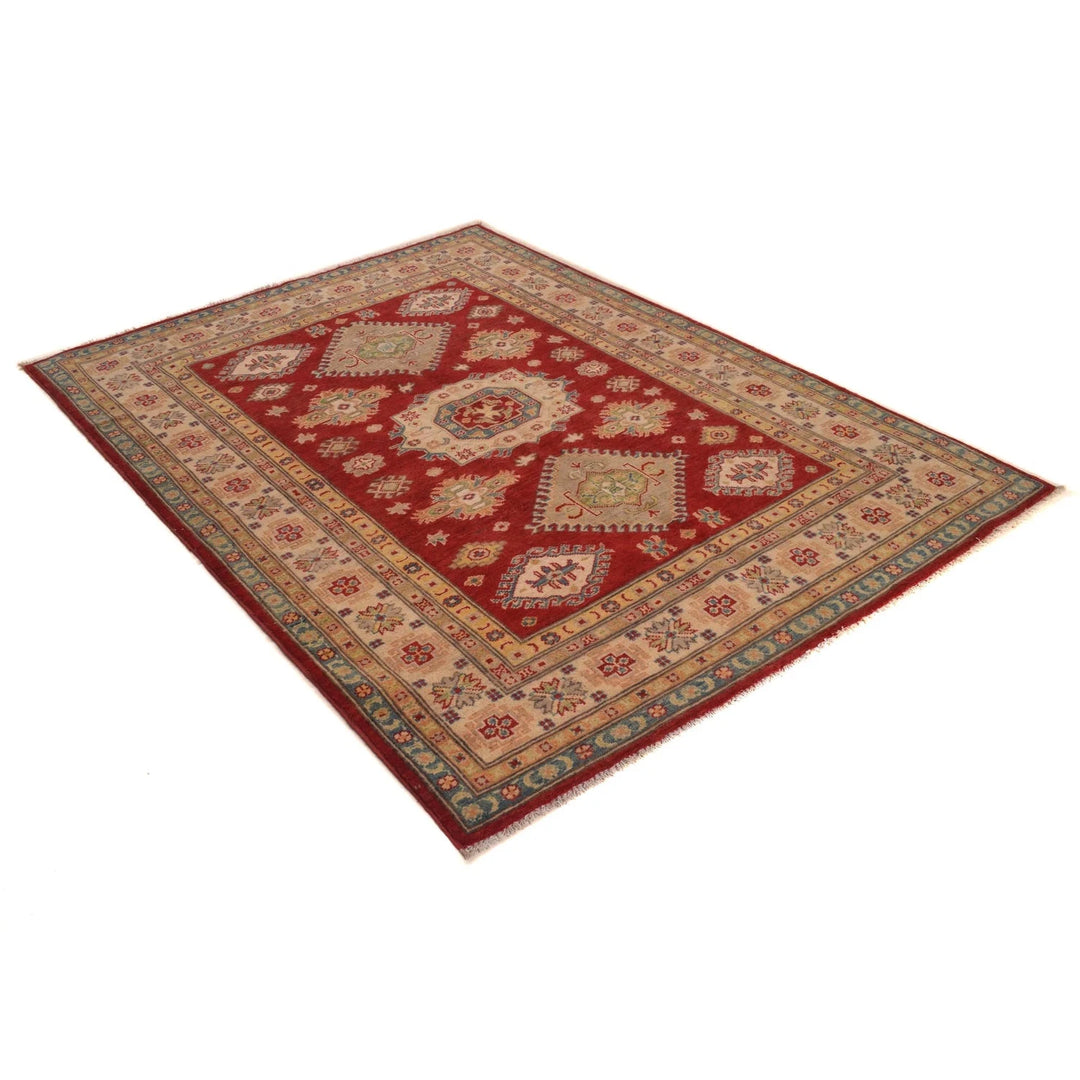Red Afghan Kazak Rug 4' 11" x 6' 10" Hand-Knotted | No. AL27766