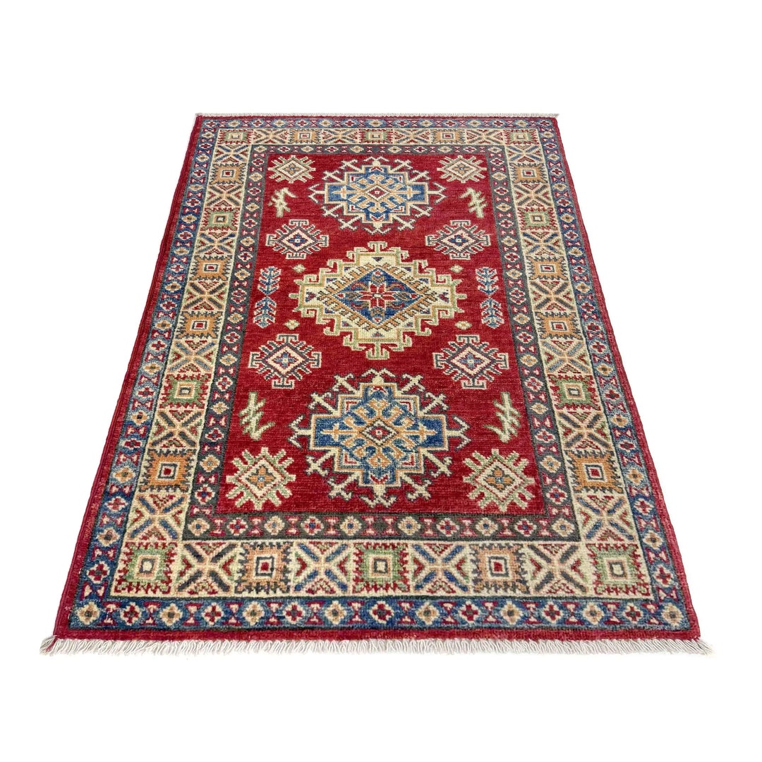 Red Afghan Kazak Rug 2' 7" x 3' 11" Hand-Knotted | No. AL28079