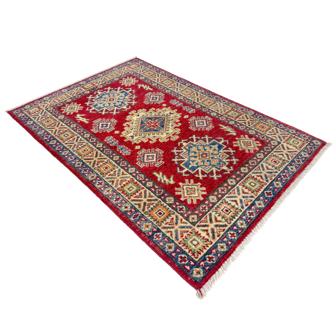 Red Afghan Kazak Rug 2' 7" x 3' 11" Hand-Knotted | No. AL28079