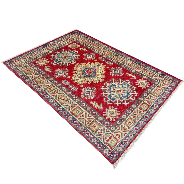 Red Afghan Kazak Rug 2' 7" x 3' 11" Hand-Knotted | No. AL28079