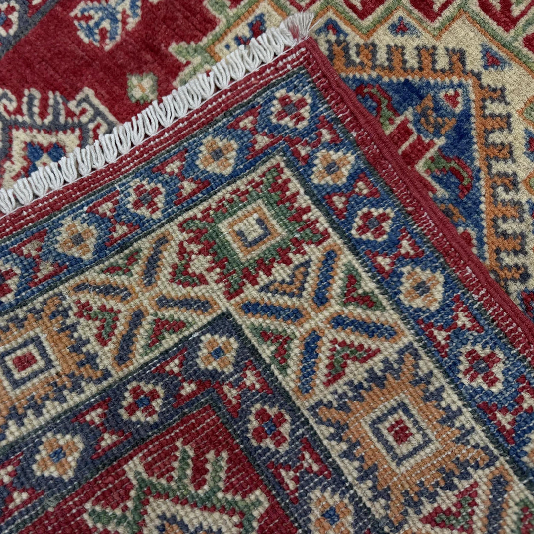 Red Afghan Kazak Rug 2' 7" x 3' 11" Hand-Knotted | No. AL28079