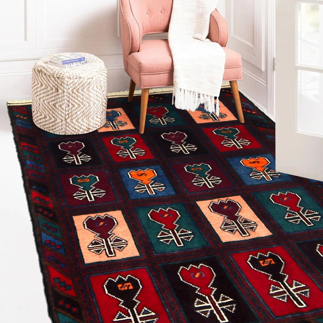 Afghan Baluchi Rug 3' 2" x 4' 5" Hand-Knotted | No. AL28210