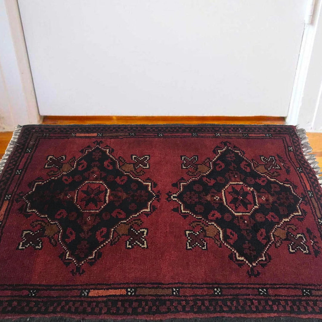 Red Afghan Oriental Doormat 1' 5" x 2' 0" Hand-Knotted | No. AL28309