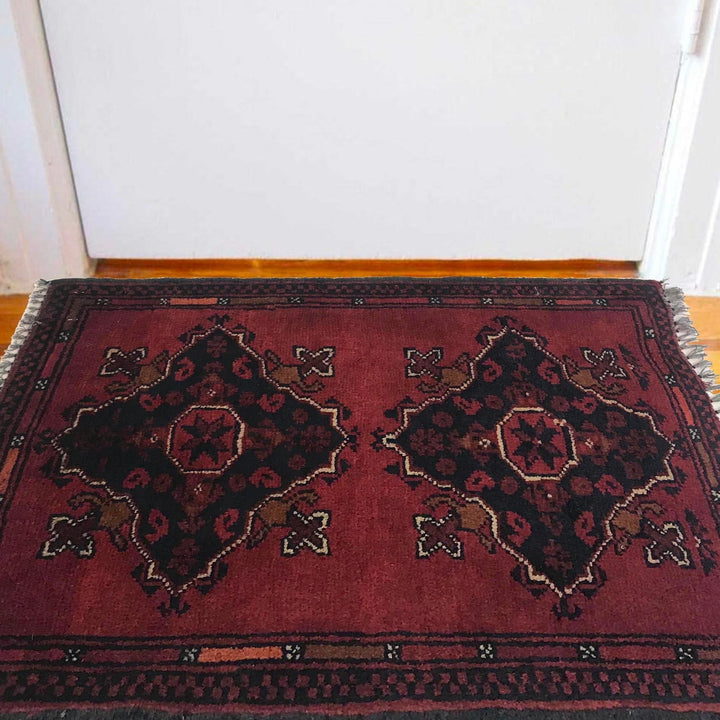 Red Afghan Oriental Doormat 1' 5" x 2' 0" Hand-Knotted | No. AL28309