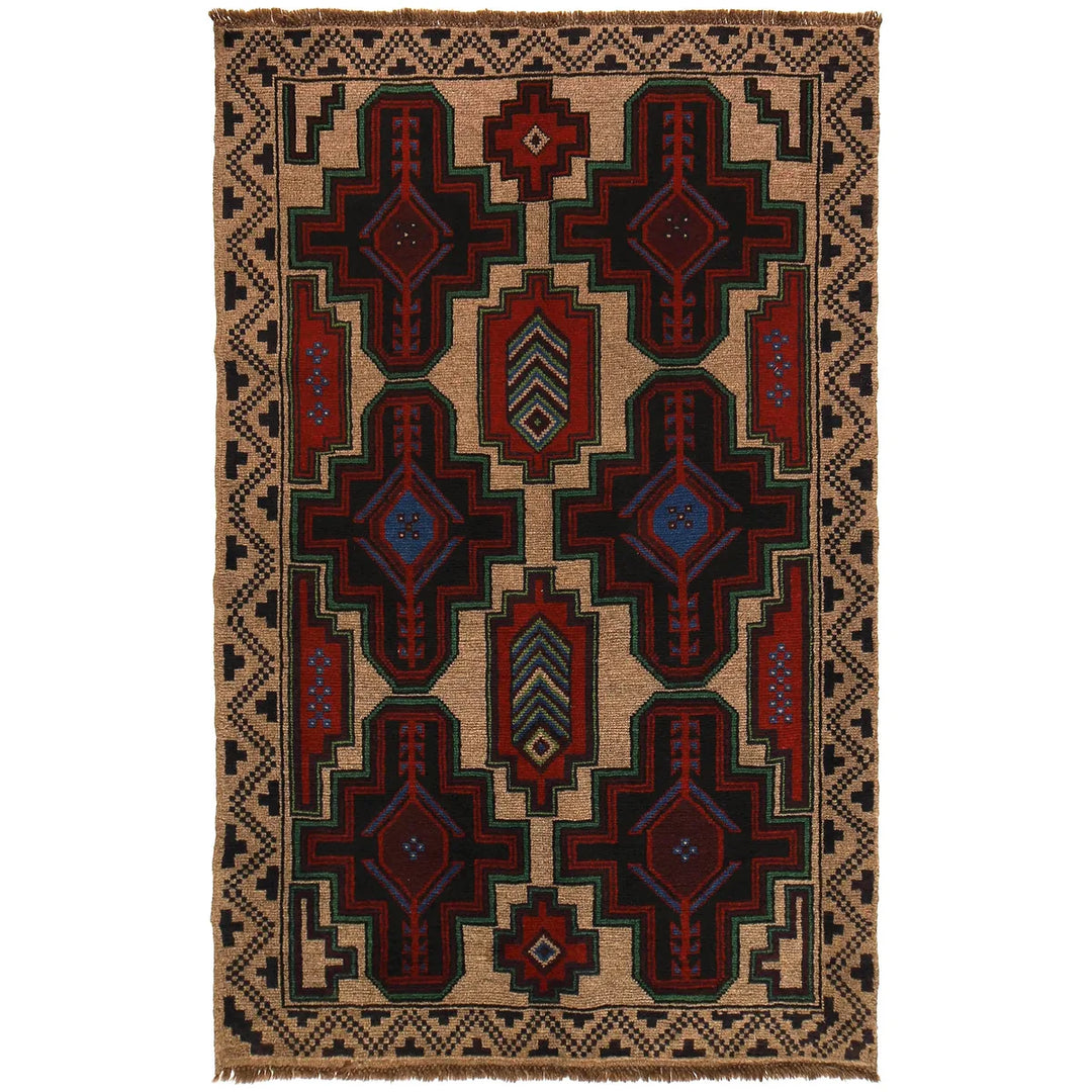 Tan Afghan Baluchi Rug 4' 1" x 6' 5" Hand-Knotted | No. AL28325