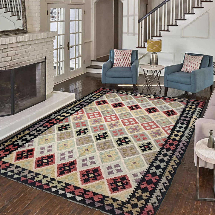 Afghan Vegetable Kilim Rug 6' 8" x 9' 11" Flat-Weave | No. AL284011